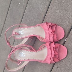 Pink open toe block heels
